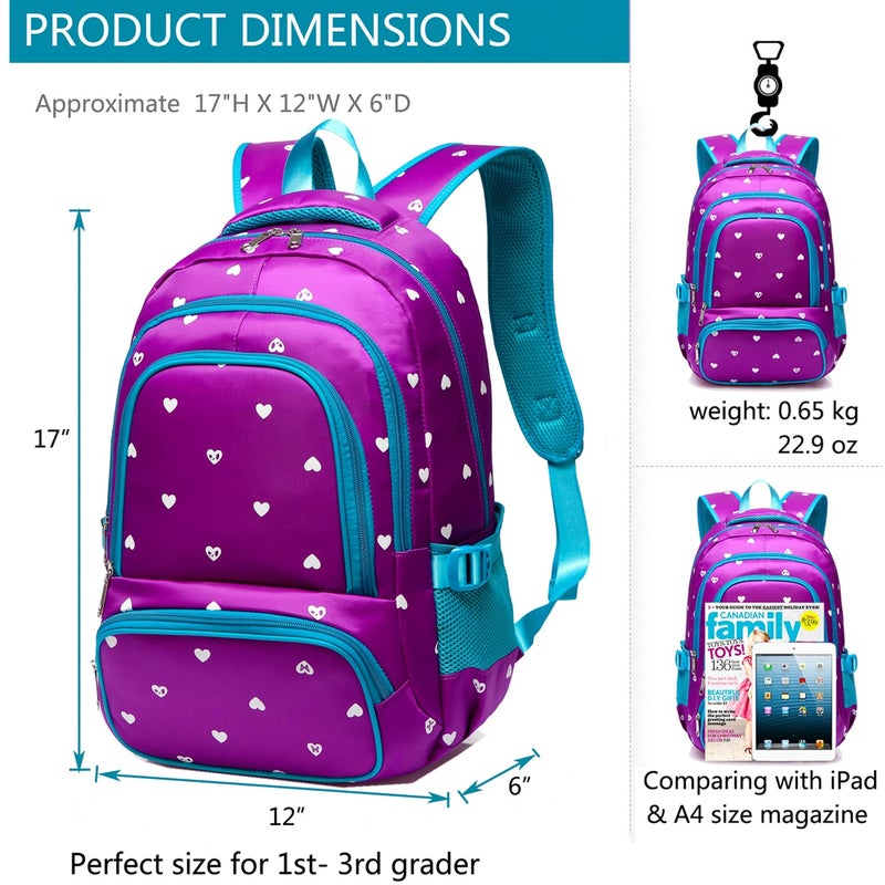 BLUEFAIRY Kids Backpack for Girls Primary Elementary School Bag Bookbag for Childs Book Bag Mochilas Escolares para NiÃƒÂ±as de 4-6 Back to School Cute Gifts 17" Heart Print/Purple - Image 3